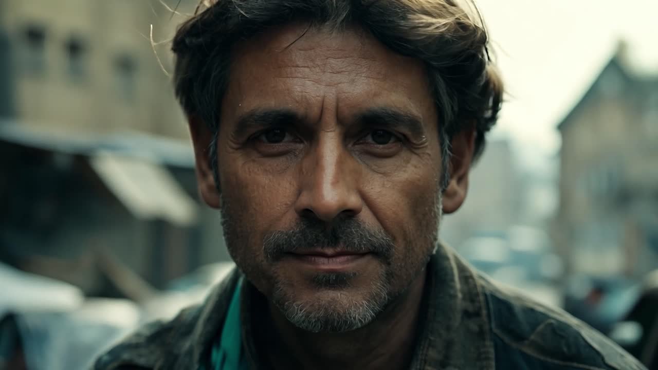 un retrato de un hombre de mediana edad en un entorno de la ciudad