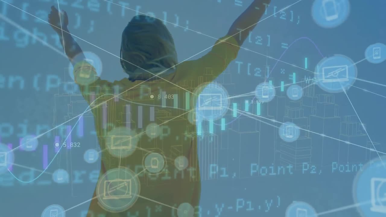 디지털 아이콘 네트워크의 애니메이션 및 데이터 처리가 팔을 열고 있는 여성의 뒷면을 반영합니다.