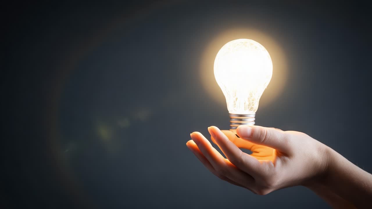 A Hand Holding a Glowing Light Bulb Symbolizing Creativity, Ideas, and Innovation, Illuminating the Concept of Bright Solutions and Inspiration in a Dark Setting