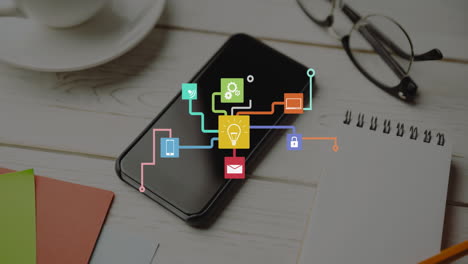 animation of network of icons over smartphone on desk