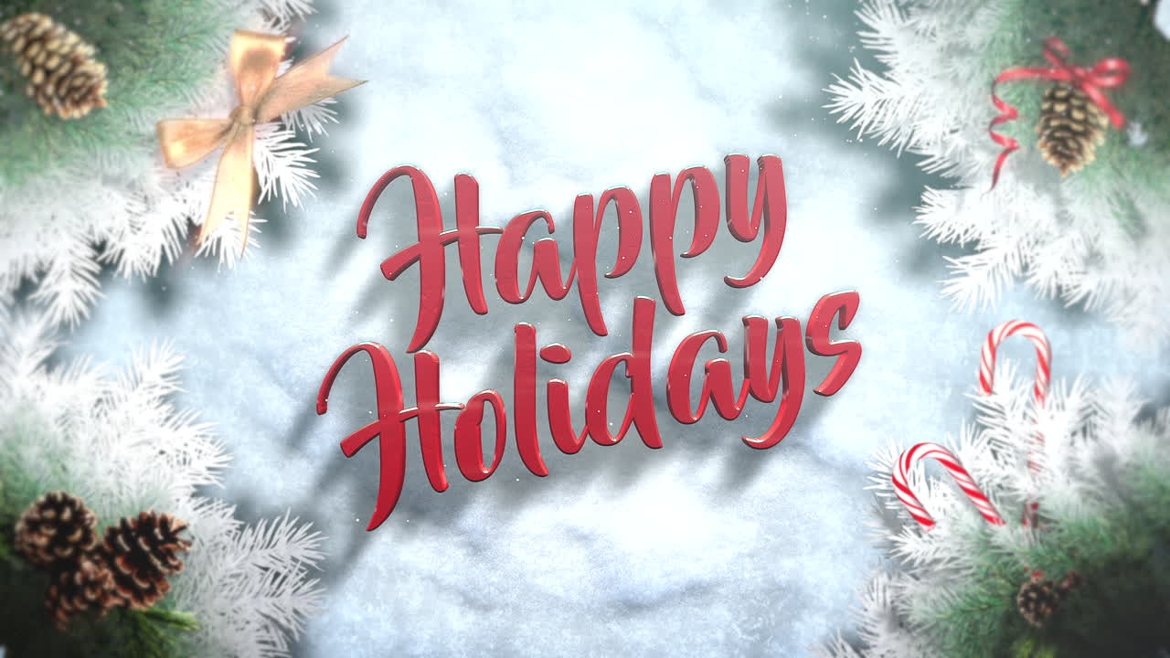 Happy Holidays text with green tree branches and toys 2