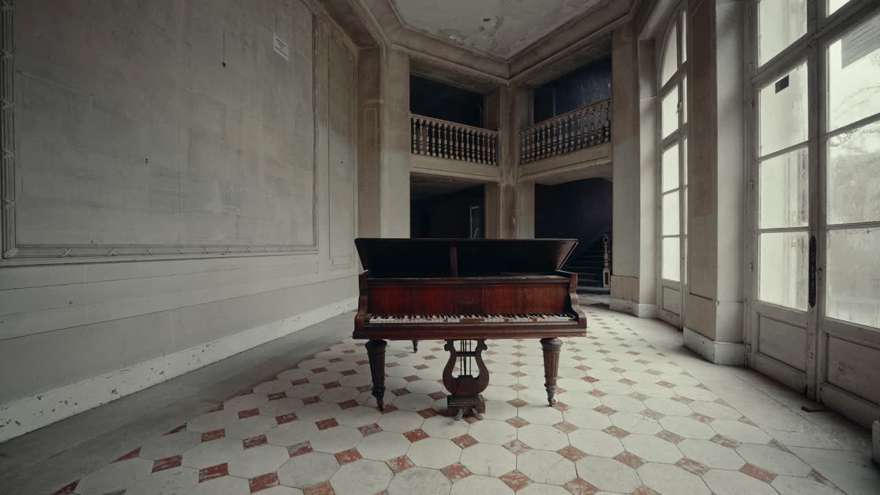 Abandoned Grand Piano in a Decaying Historic Mansion Hall