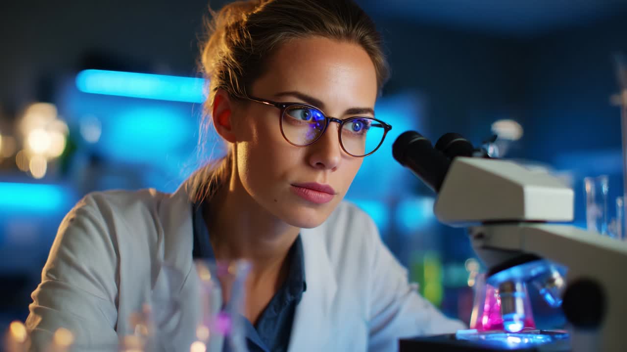 Focused Scientist Observing Through Microscope with Colored Beakers Under Laboratory Lights, Showcasing the Intricacies of Scientific Research and the Importance of Precision in Experiments
