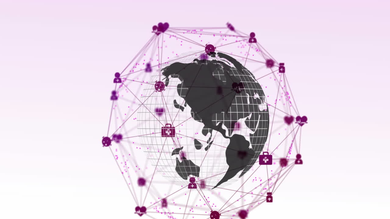 animación de una red de iconos digitales sobre un globo giratorio contra un fondo de gradiente rosa.