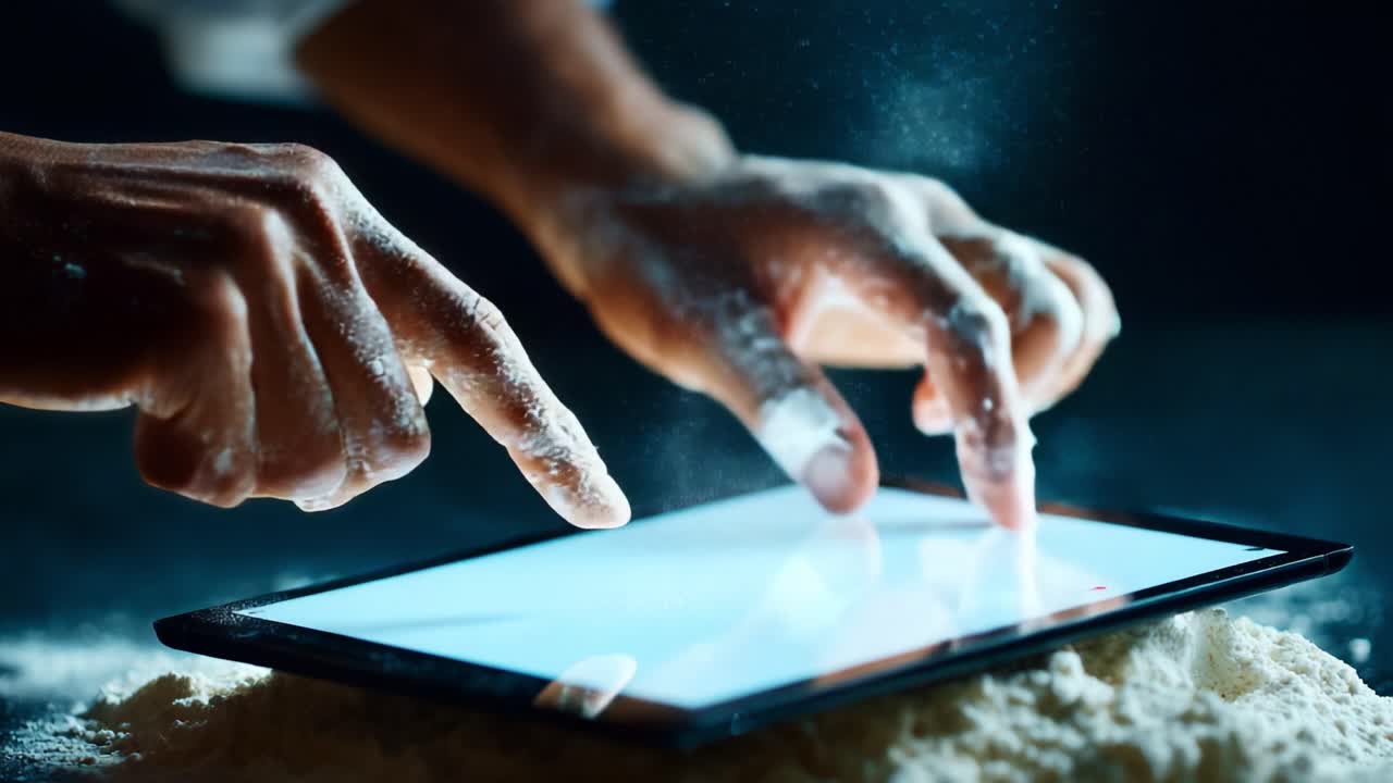 A Chef's Digital Cooking Journey: The Art of Culinary Creativity Using a Tablet Against a Messy Flour Background, Demonstrating Technology in Modern Cooking