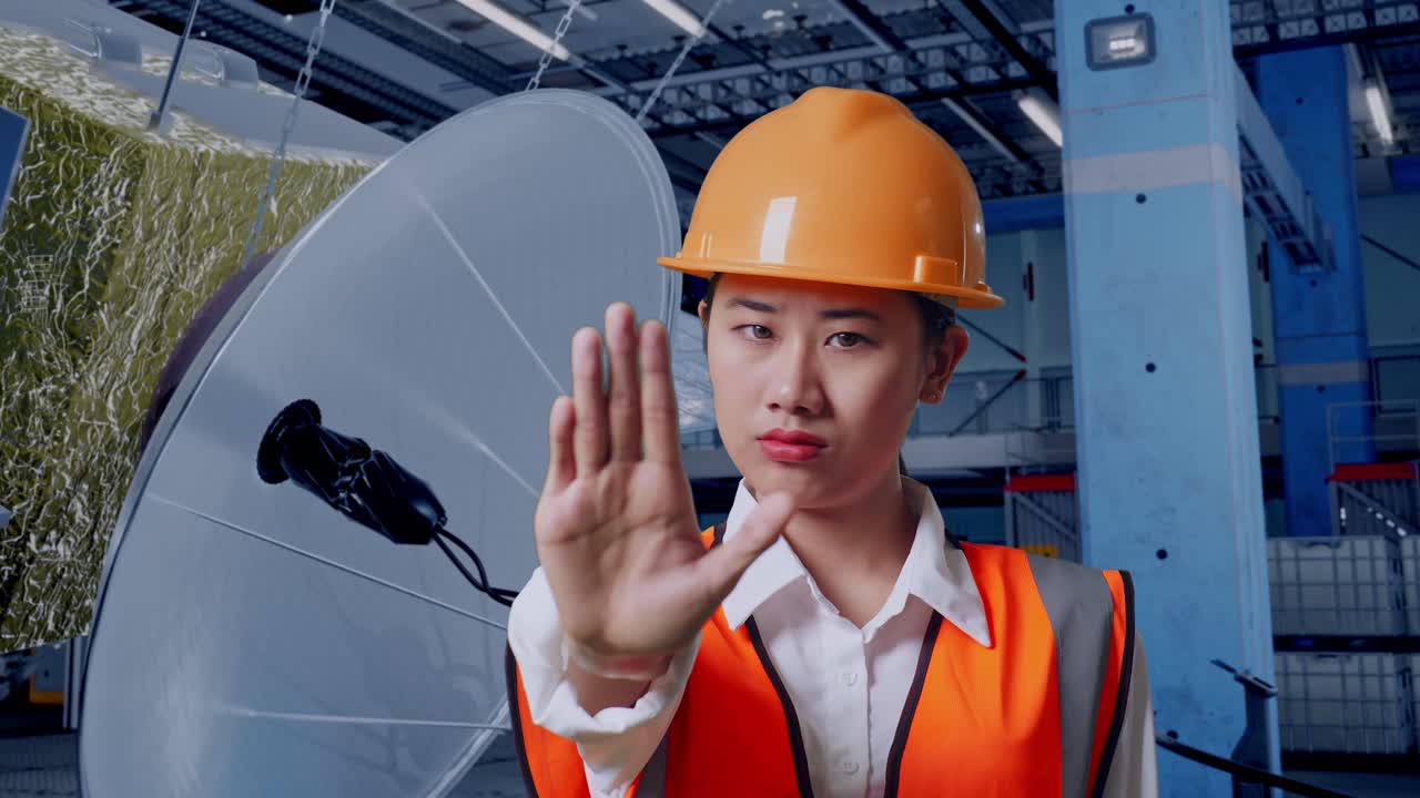산업 환경에서 정지 제스처를 보여주는 여성