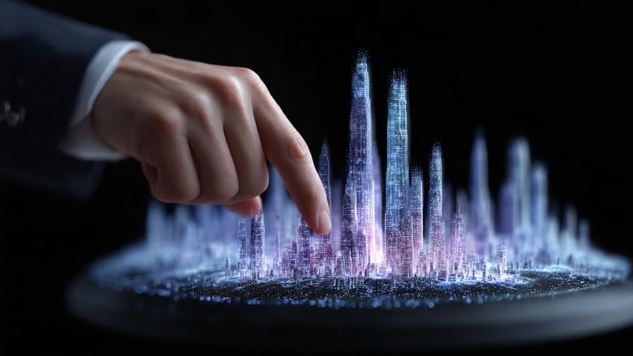 An Enthralling Glimpse into the Future: A Hand Interacting with a Stunning, Holographic Cityscape Displaying Complex Urban Architecture and Vibrant Light Effects