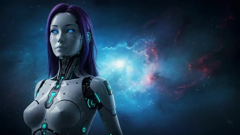 a futuristic female robot with vibrant purple hair and radiant blue eyes, set against a stunning cosmic background, exhibiting advanced technological features and empowering presence