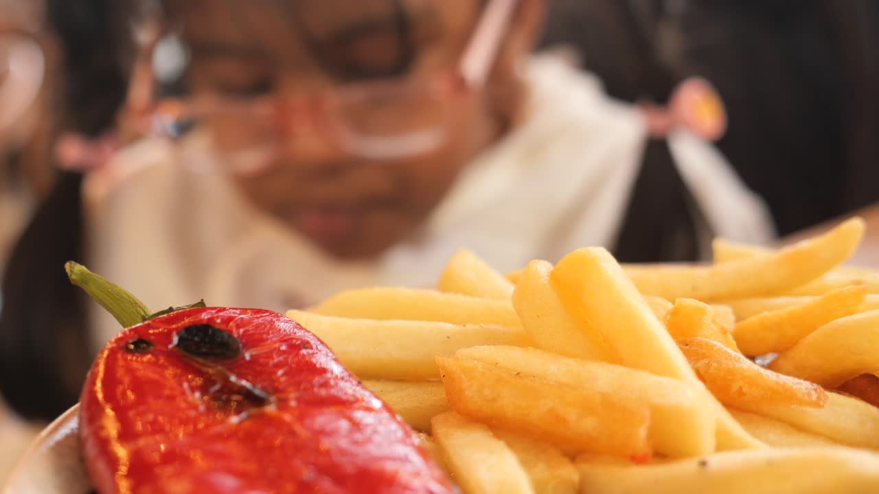 niño comiendo papas fritas y pimienta roja