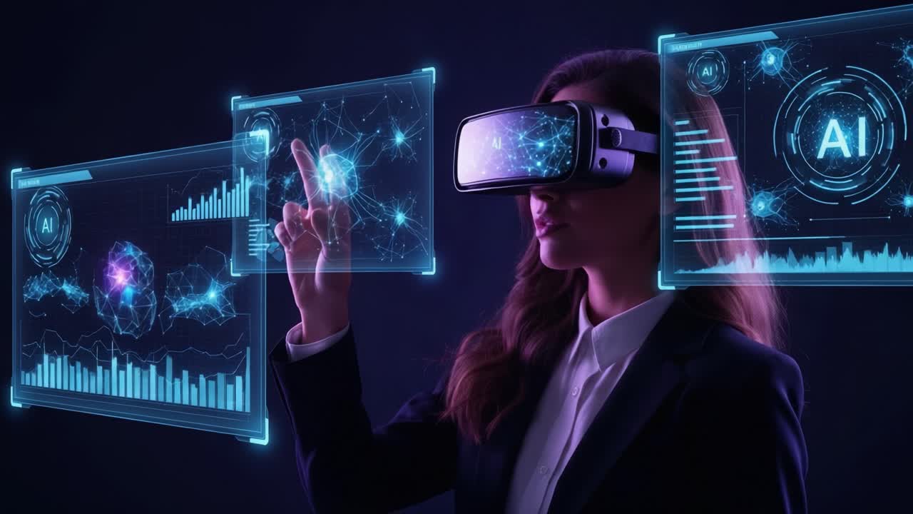 Exploring the Future of Technology: A Woman Interacts with AI Visualizations Through Virtual Reality in an Immersive Digital Environment