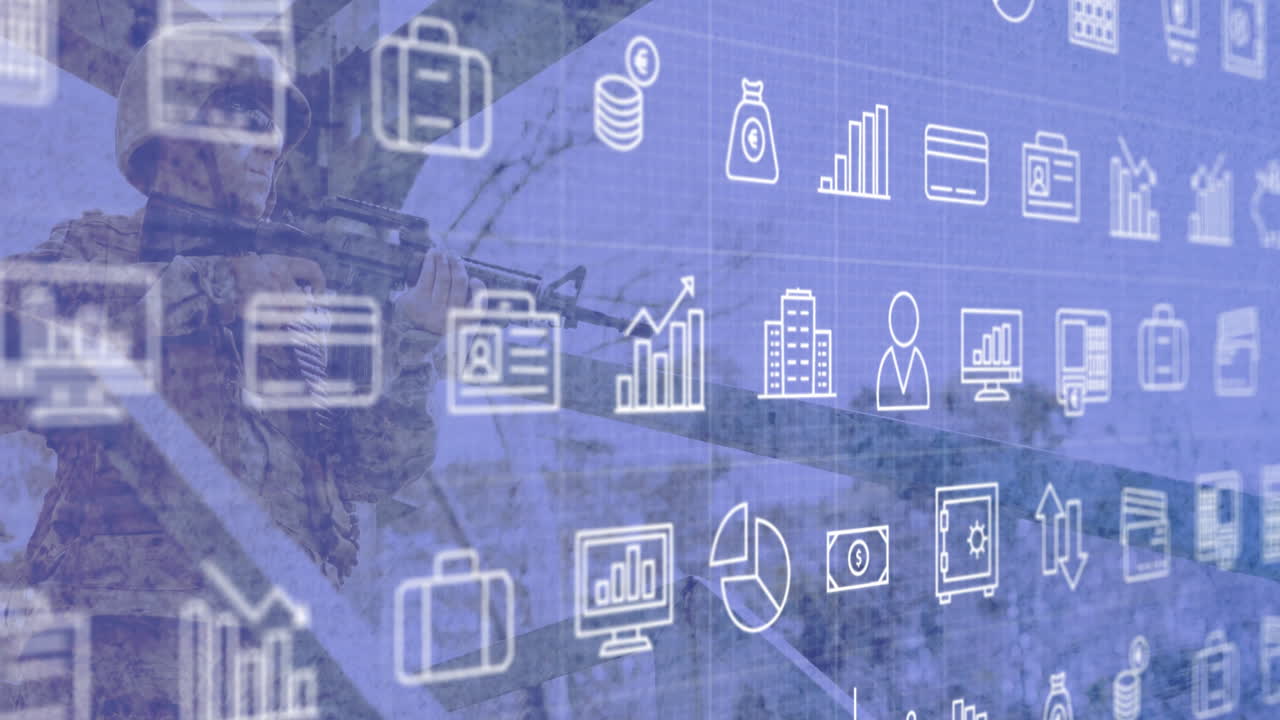 animación de iconos de negocios sobre soldado caucásico con rifle