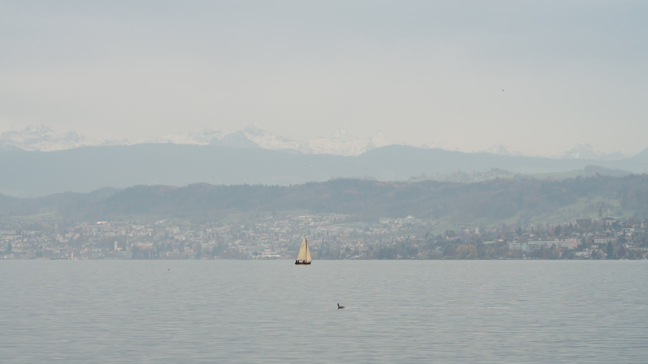 멀리 있는 목가적인 범선