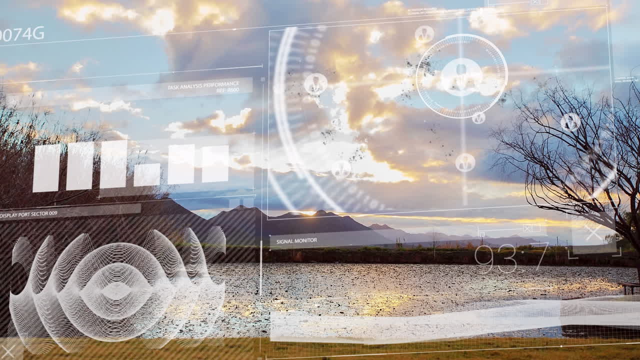 animación de la interfaz infográfica sobre una vista panorámica del mar contra nubes que se mueven en el lapso de tiempo