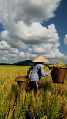 farmers harvesting rice in a paddy field