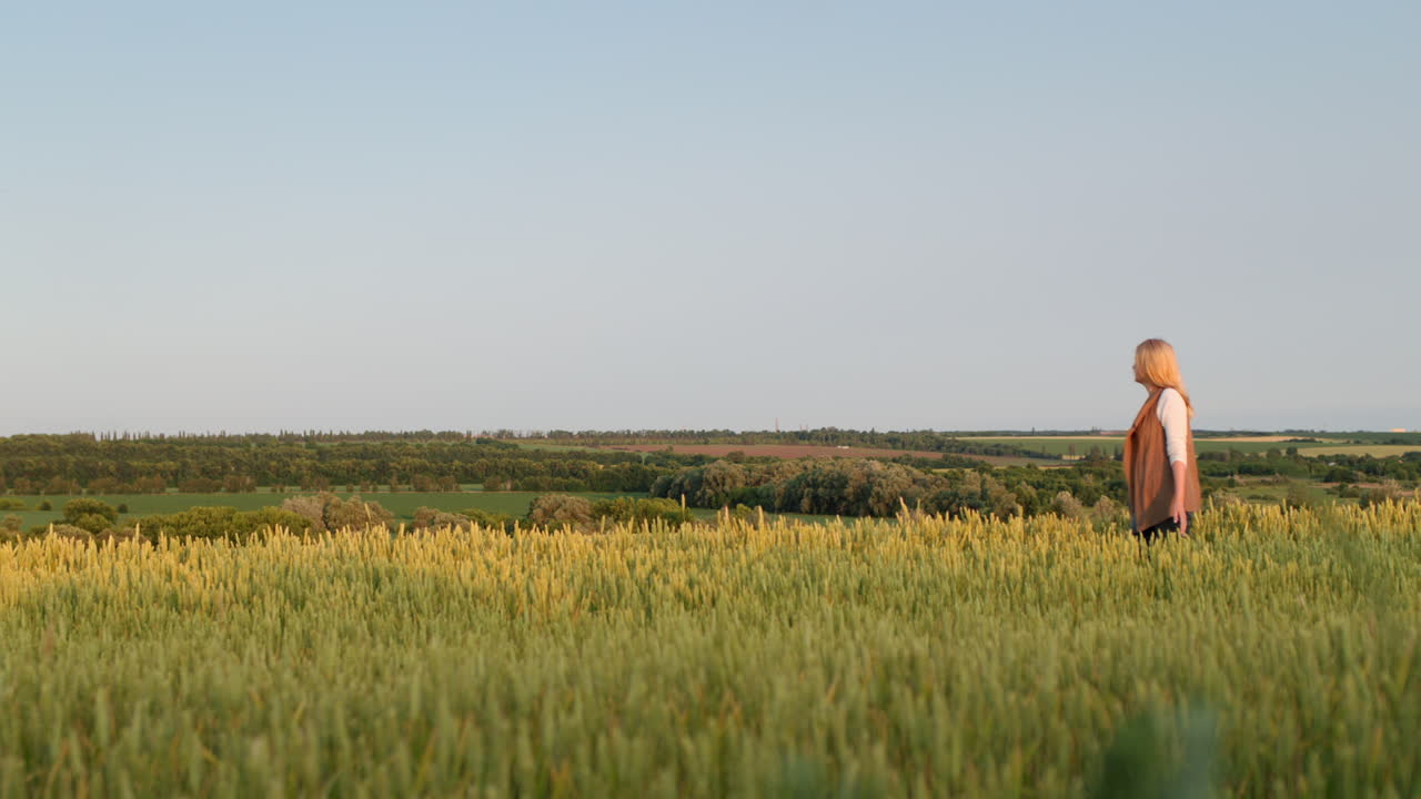 женщина идет по пшеничному полю на фоне живописного сельского пейзажа