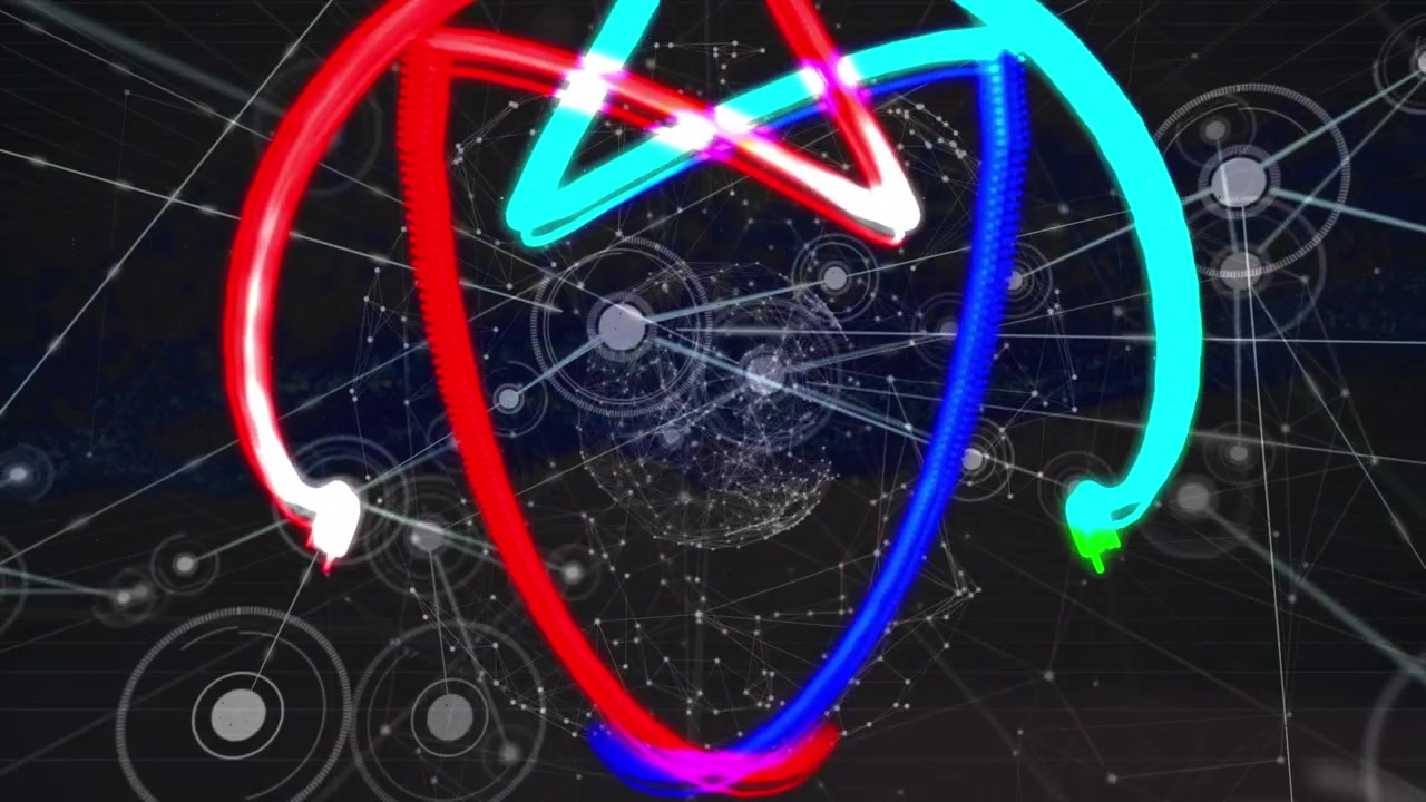 Animation of shapes with network of connections on black background