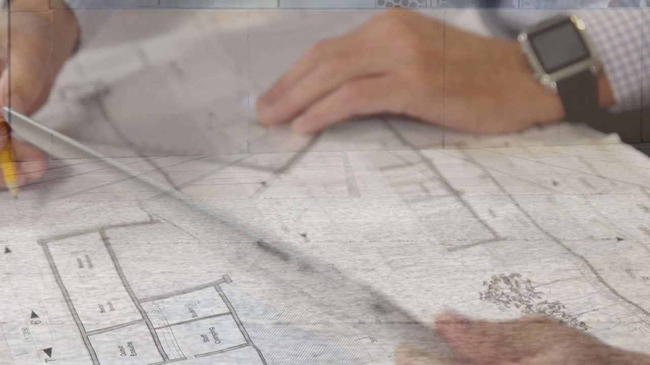 animación de arquitecto masculino caucásico dibujando sobre personas que caminan y paisaje urbano