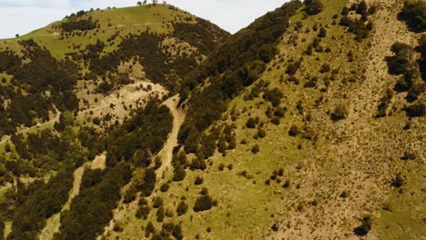 imágenes de drones de colinas y bosques con caminos que suben la colina