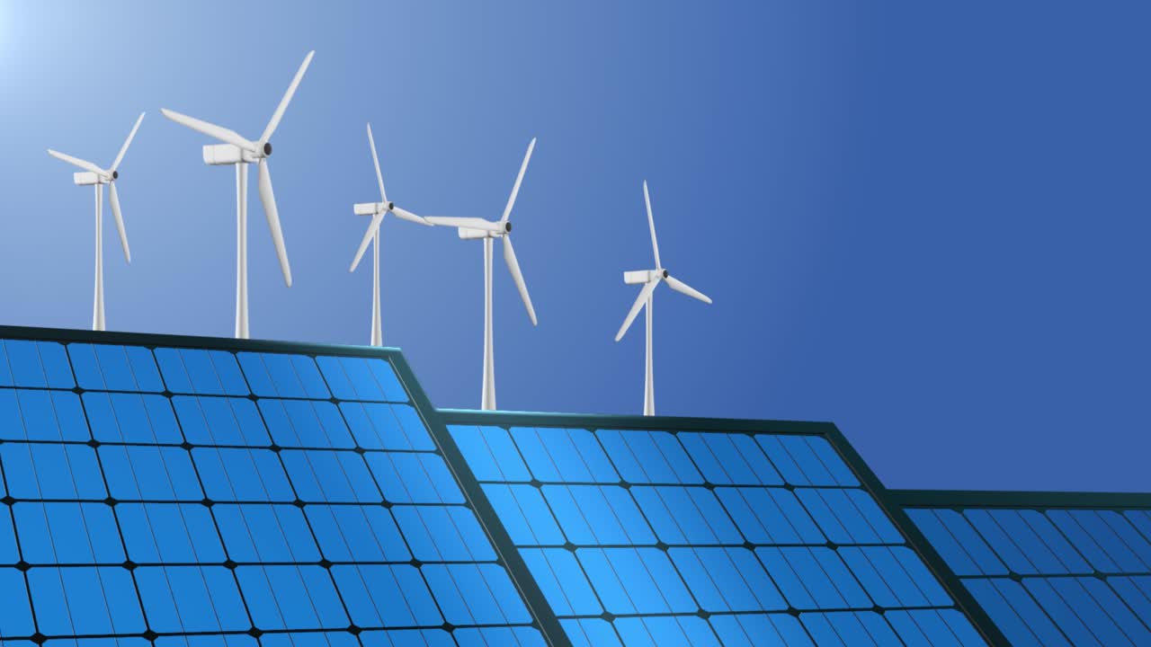 태양 전지 패널과 풍력 터빈 풍력터빈 프로펠러 루프 애니메이션 배경