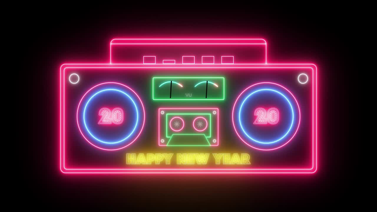 feliz año nuevo 2020. radio de neón estéreo retro y reproductor de cassette, animado sobre un fondo negro.