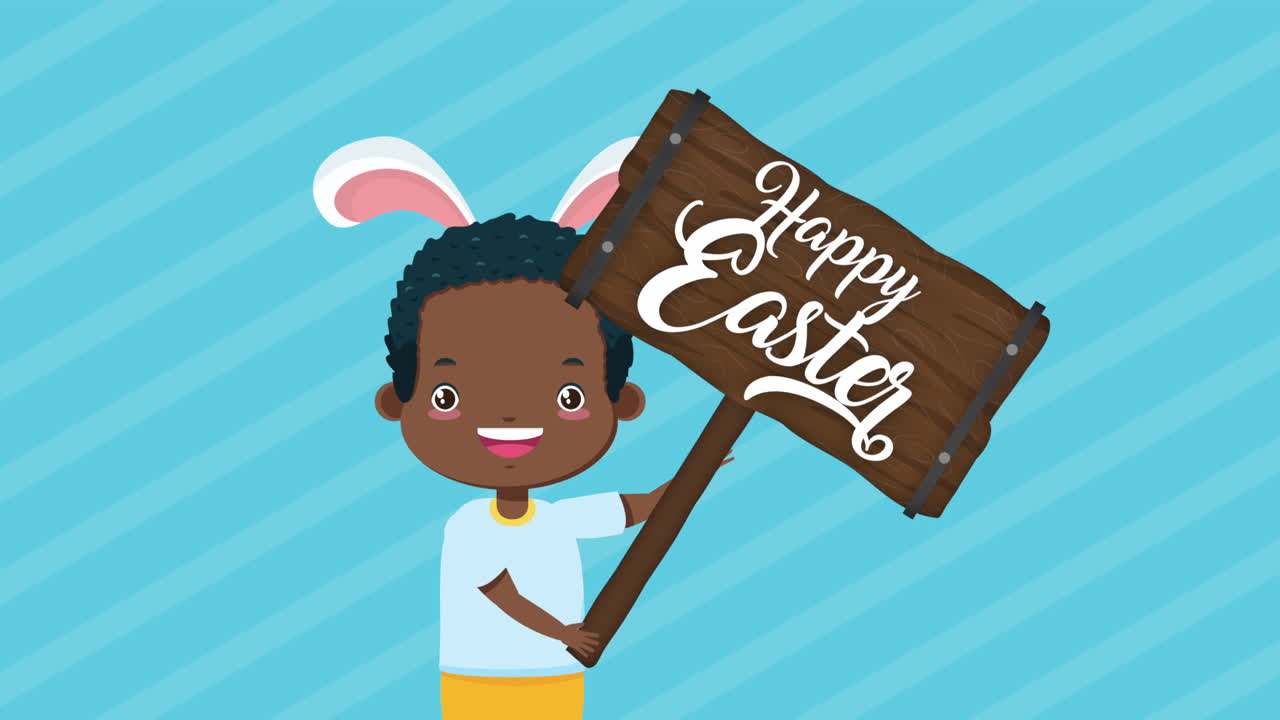 felicità pasqua carta animata con afro piccolo ragazzo usando orecchie di coniglio