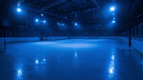 empty ice rink illuminated by blue lighting: a serene scene capturing the tranquility and isolation of a hockey arena awaiting action