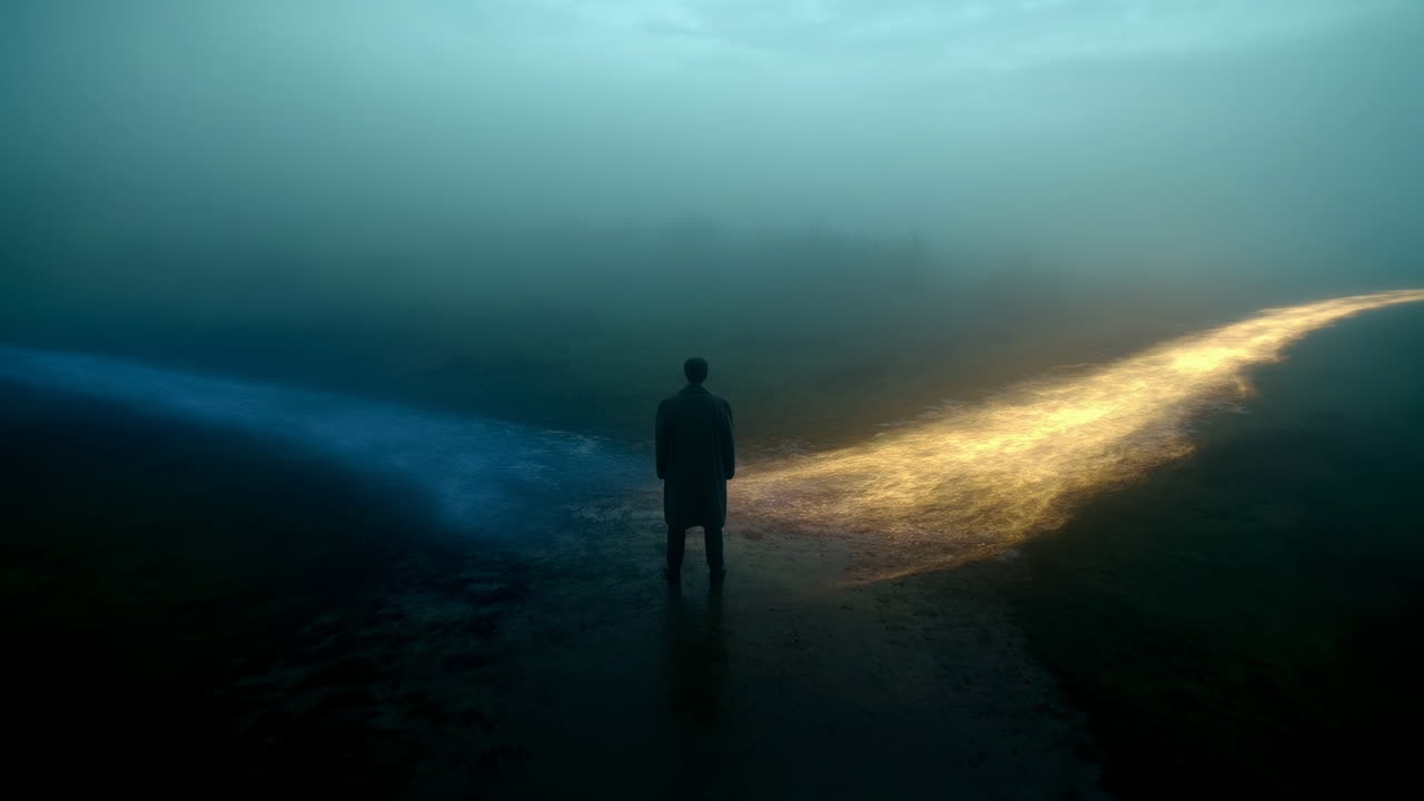 Silueta de hombre en camino iluminado en medio de una costa brumosa, con haces de luz azul y dorada convergiendo.