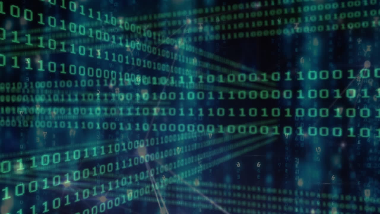 animación de códigos binarios en movimiento sobre puntos conectados con líneas contra un fondo abstracto.