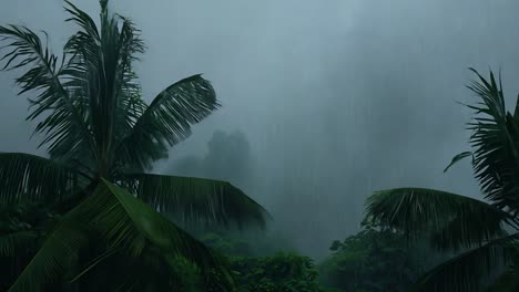 lightning is striking in the distance as palm trees blow violently in the wind during a tropical storm