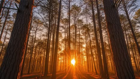 golden sunlight through a tall forest