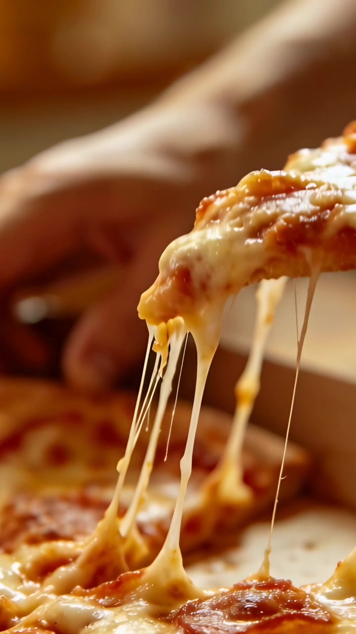 Video verticale: Una mano che prende una fetta di pizza da una scatola a casa, creando un effetto filante del formaggio per mangiarla.