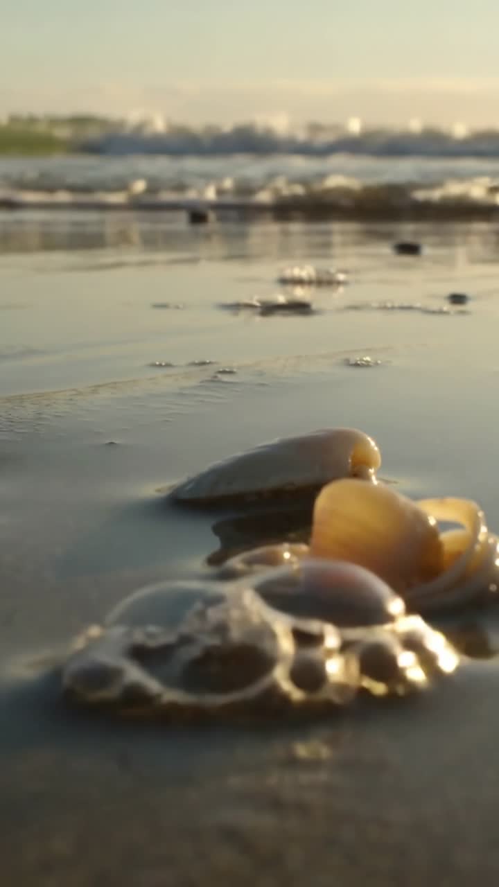 Vertical video: Incoming tide moving over two wet shells on sandy shore, foam creating reflections
