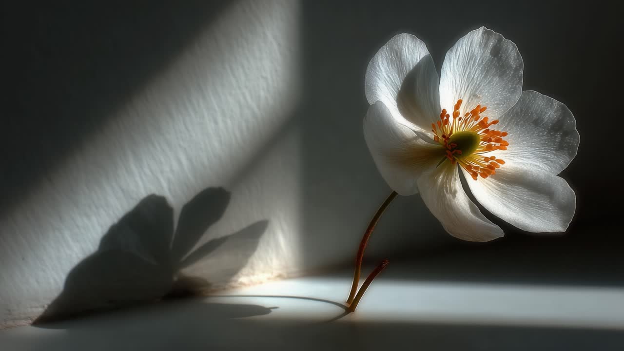 A Captivating White Flower in Soft Light, Showcasing Delicate Petals and Vibrant Stamen, Set Against a Minimalist Background Casting Intriguing Shadows