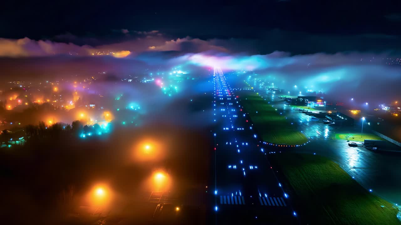Aerial Nightview of a Foggy Airstrip Illuminated by Colorful Lights: Spectacular Transition of Lights Over an Airport Runway Surrounded by Mist and City Lights in a Mysterious Atmosphere