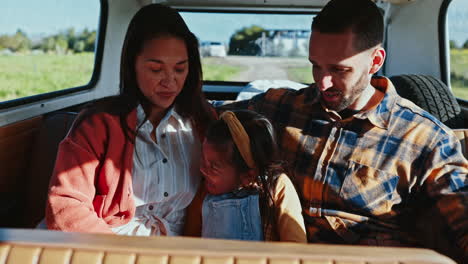 laugh, parents and girl in car for road trip