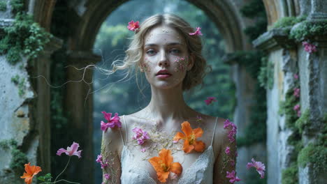 ethereal woman adorned with flowers in ancient ruins