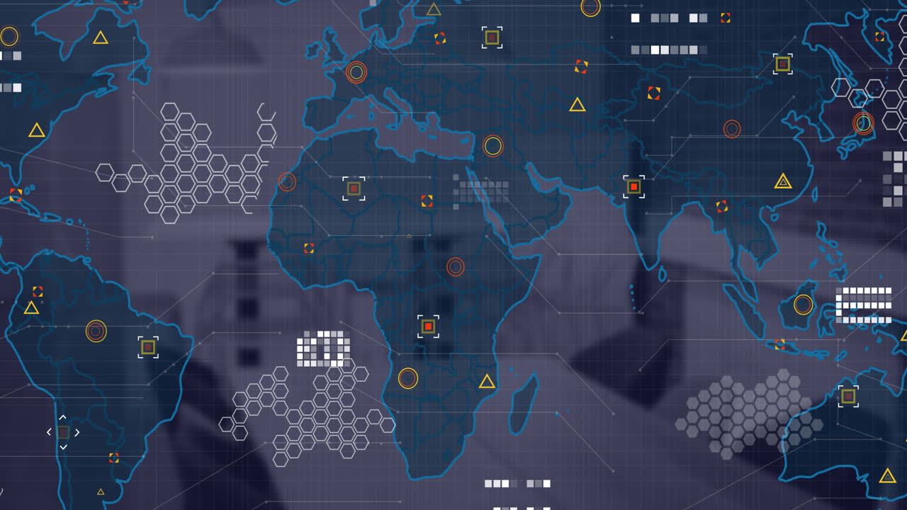 Animation of financial data processing and world map over desk in office
