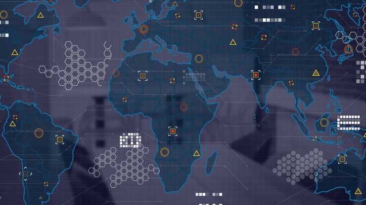Animation of financial data processing and world map over desk in office