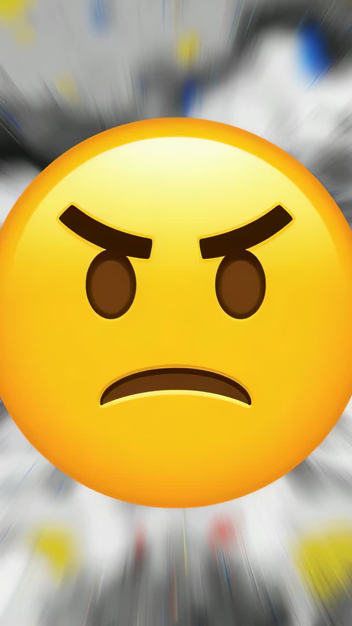 Vertikal video: Sløret baggrundstegning af vredt ansigts emoji, der holder blænding indsnævre øjne på app ikoner