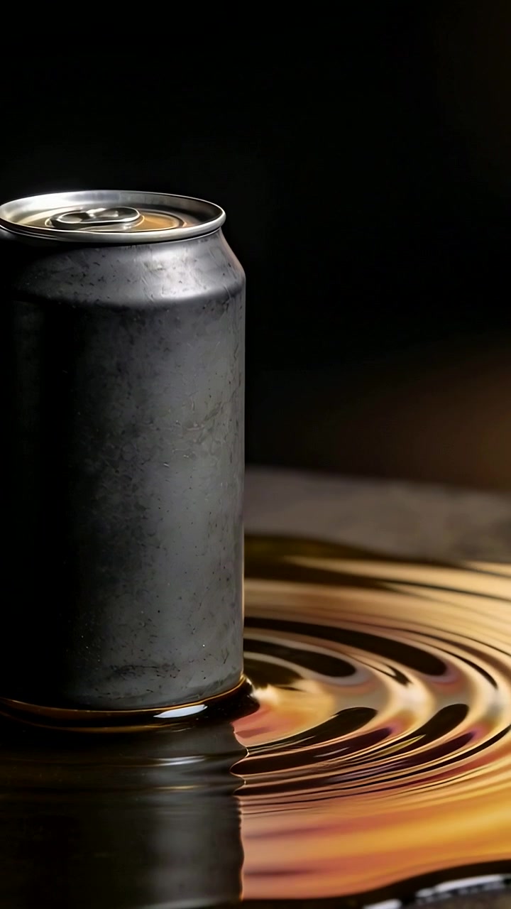 Video verticale: Liquido increspato attorno a una lattina scura tramite una spinta alla base sul set, che crea anelli dorati.