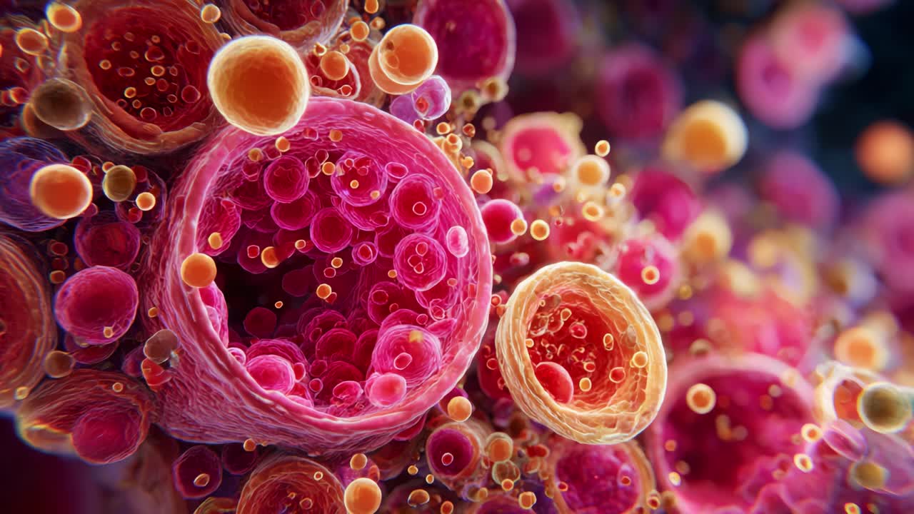 Intricate Microscopic View of Colorful Cells, Depicting Intricate Structures and Interactions in a Scientific Exploration of Cellular Biology and Microbiology Under High Magnification