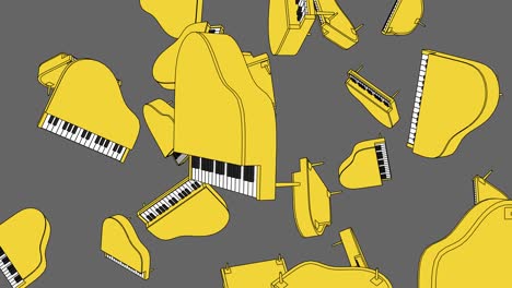 muchos pianos amarillos sobre un fondo gris.