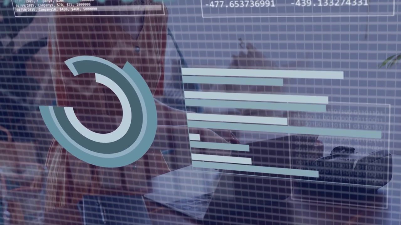 Woman leaning over desk, spinning pie chart initiating tech HUD overlay and panels updating