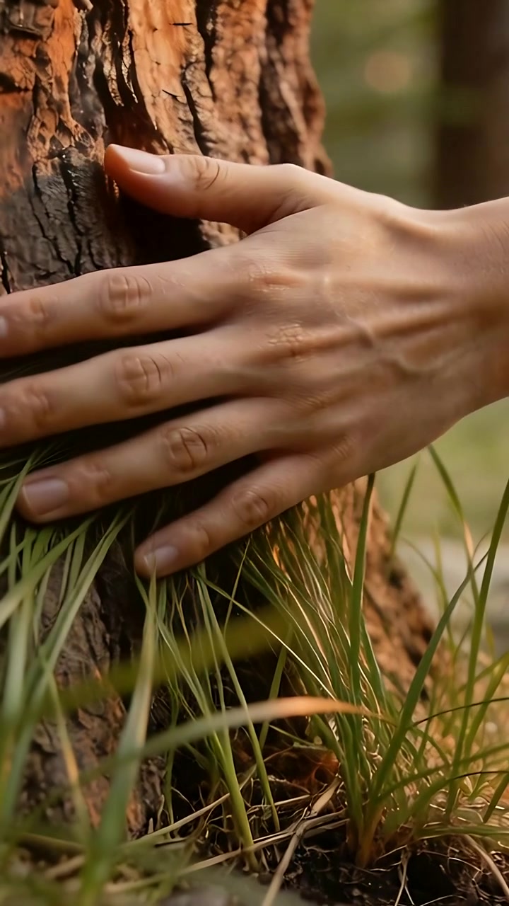 Vertical video: Moving hand entering right, pressing, sliding on tree trunk in park, feeling grass