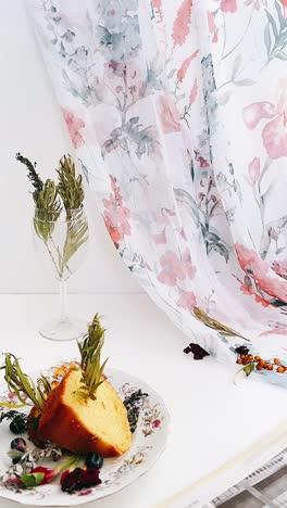 floral decor with cake and glass