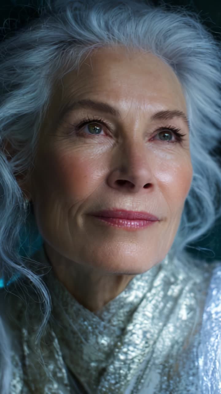 Elegant Portrait of a Mature Woman Showcasing Grace and Wisdom, Captured in a Soft Light with Silver Hair and a Radiant Smile Reflecting Inner Beauty