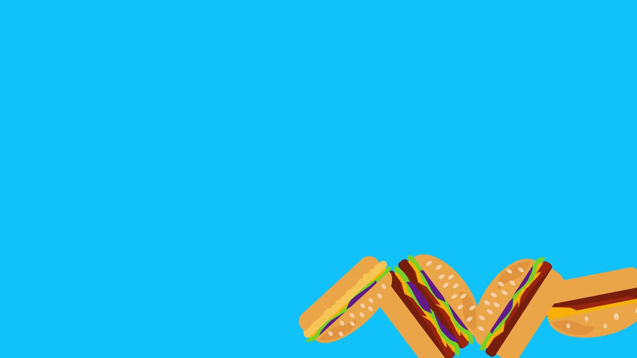 animación en stop motion de hamburguesas, diseño gráfico plano, tecla de croma de pantalla azul