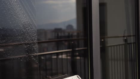 a person cleaning a window with a squeegee and spray bottle