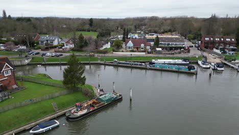 Shepperton-lock-boats-moored-Surrey-UK-drone-aerial-view