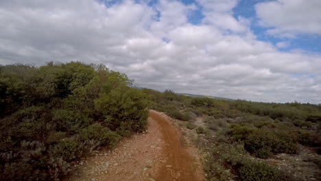 Imágenes-De-La-Cámara-De-Acción-Pov-Montando-Una-Bicicleta-De-Tierra-En-Una-Sola-Pista-En-La-Montaña-Parnitha,-Grecia